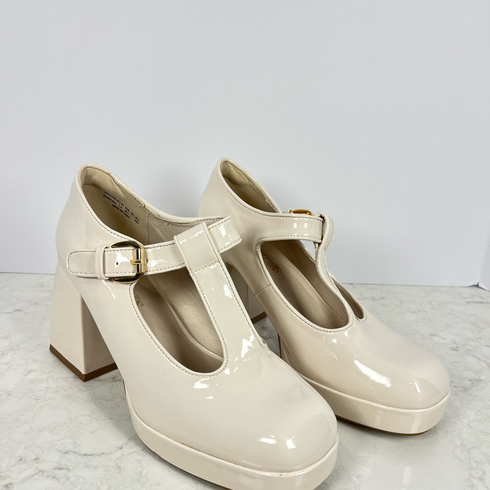 Platform T-Strap Mary Jane  Cream Patent Block Heels